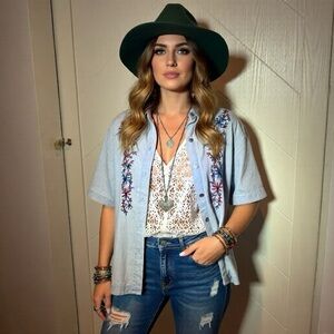 Jane+ Delancey Chambray Embroidered Button Up  / Boho Western Festival Top Indie